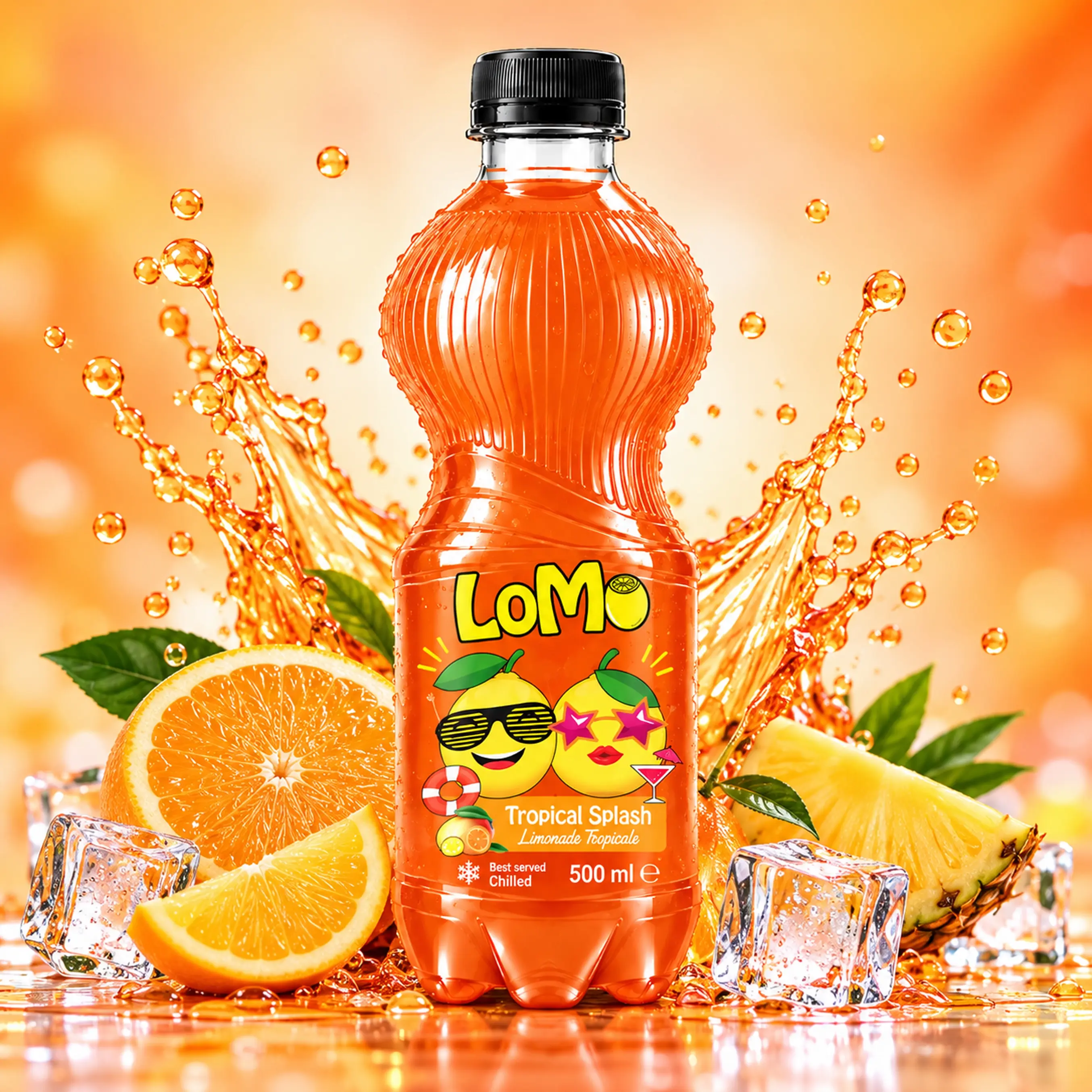 LOMO Tropical Splash 500ml lemonade bottle with orange, pineapple, ice cubes and orange splash.